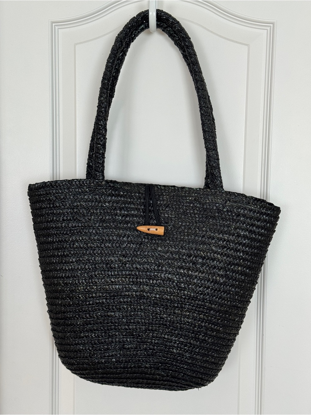 Wicker Black Tote with Wood Button Closure 12 x 12 x 4